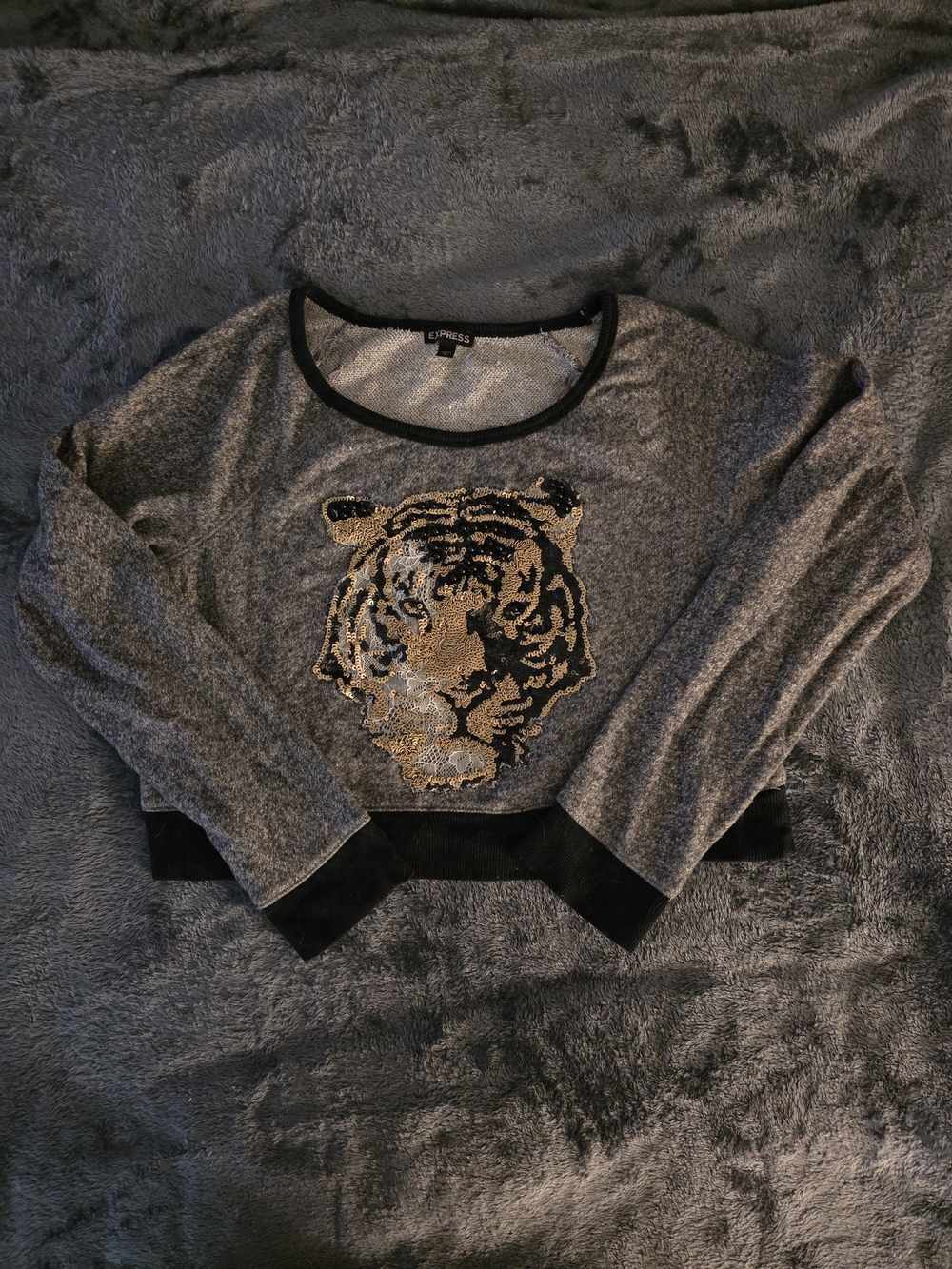 Express Gray Sweater with Gold Sequin Tiger Motif